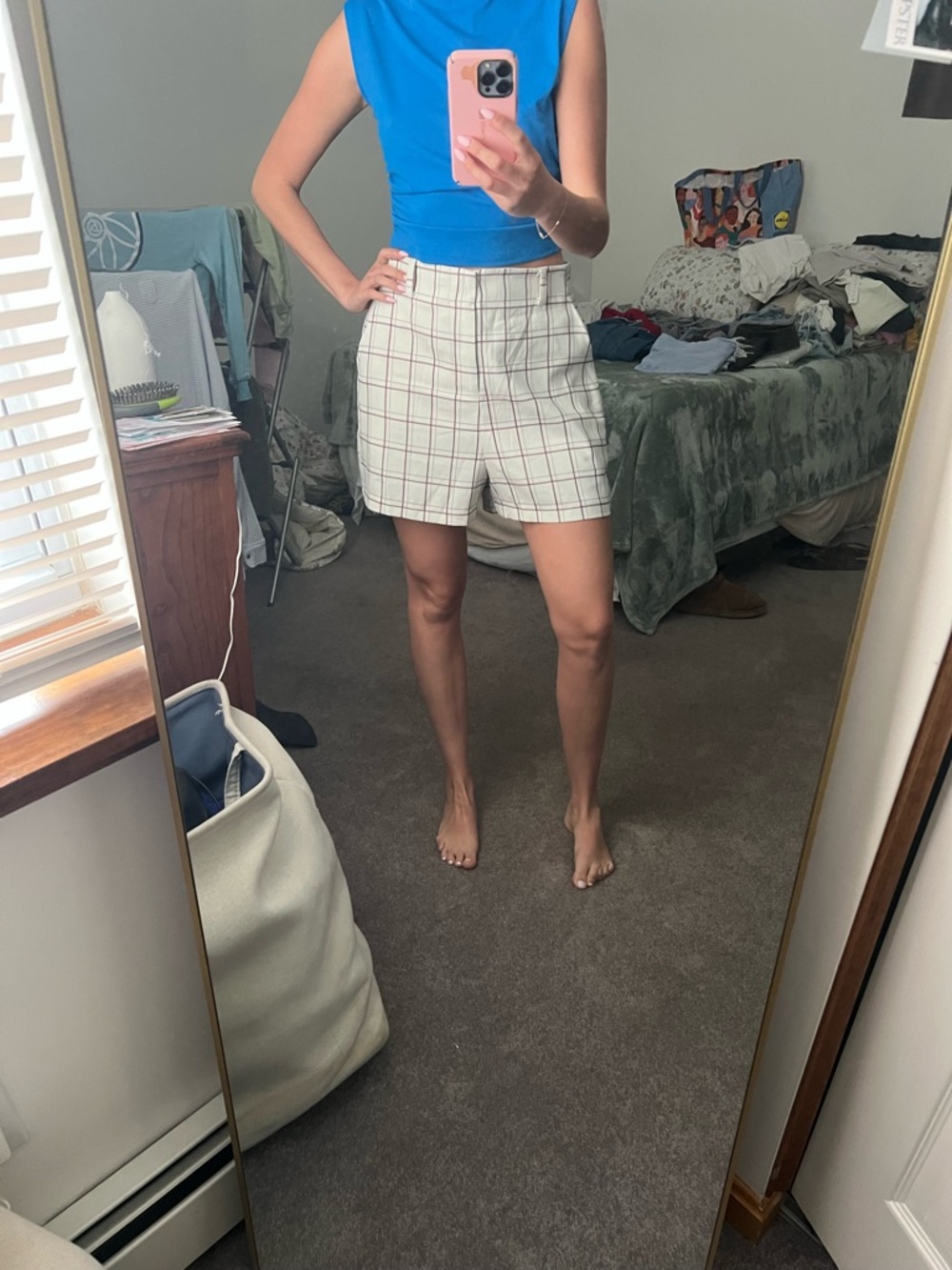Anthropologie Ivory Plaid High-Rise Shorts with Burgundy Grid